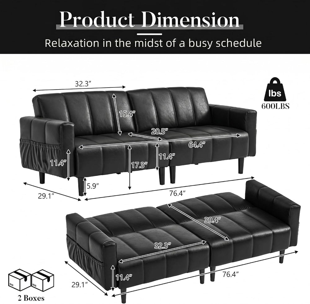 77" Faux Leather Futon Couch,Mid Century Modern Leather Sofa(Black)
