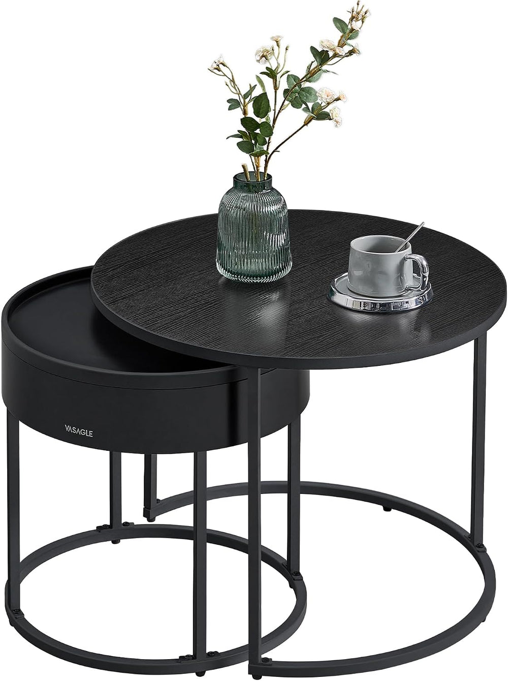 VASAGLE Round Coffee Tables, Set of 2 Nesting Tables, Hidden Storage