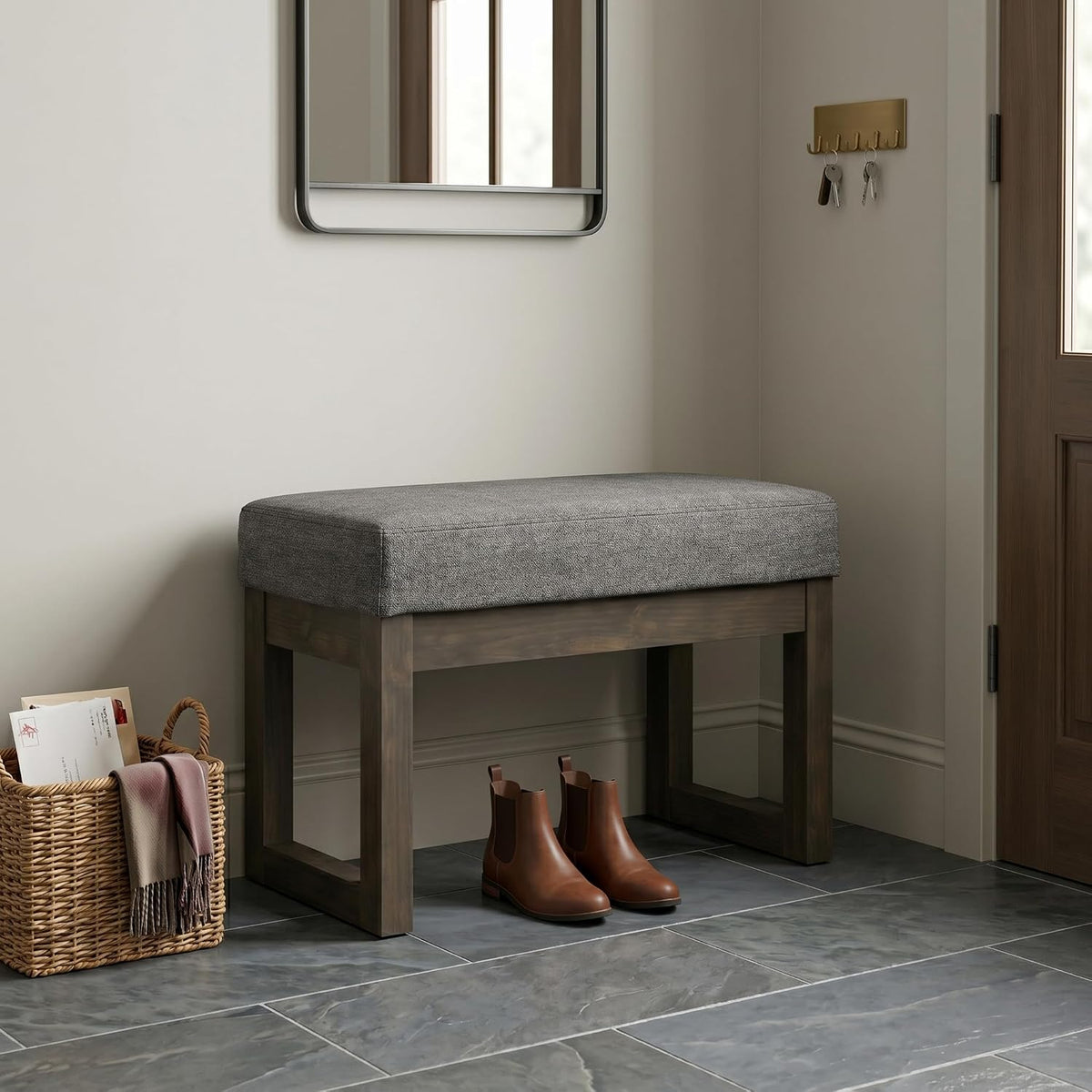 simplihome milltown 27" wide linen look rectangle ottoman shown in use
