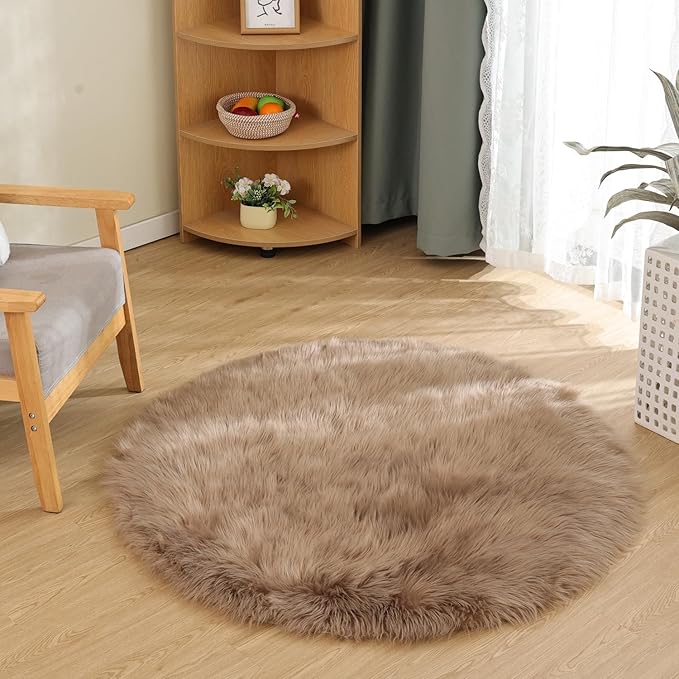 Latepis Round Fur Light Brown Beige Circle Rug 4ft Furry Washable Faux - Image 2