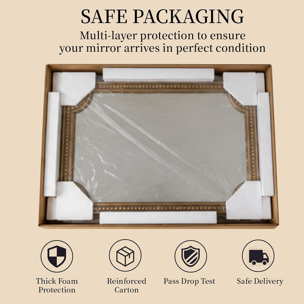 Gold Rectangle Wall Mirror, 36x24 Inch Scalloped Beaded Frame for Bathroom