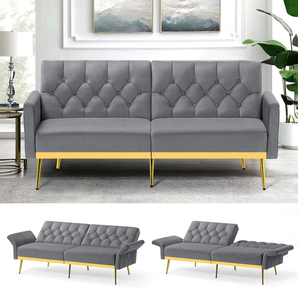 Velvet Sofa Bed w/Adjustable Armrests & Backrests, Grey