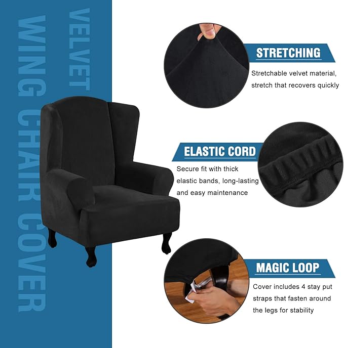 H.VERSAILTEX Wingback Chair Covers Velvet Plush Wing Chair Slipcover 1 Piece - Image 2