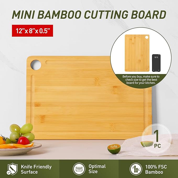 Bamboo Wood Cutting Board for Kitchen 12" x 8" Mini Wooden Charcuterie Boards - Image 3