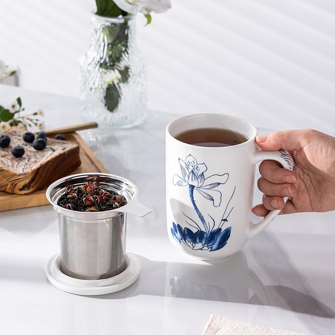 AmorArc Porcelain Tea Mug with Infuser and Lids, 18 Oz Large Cup Strainer with - Image 5
