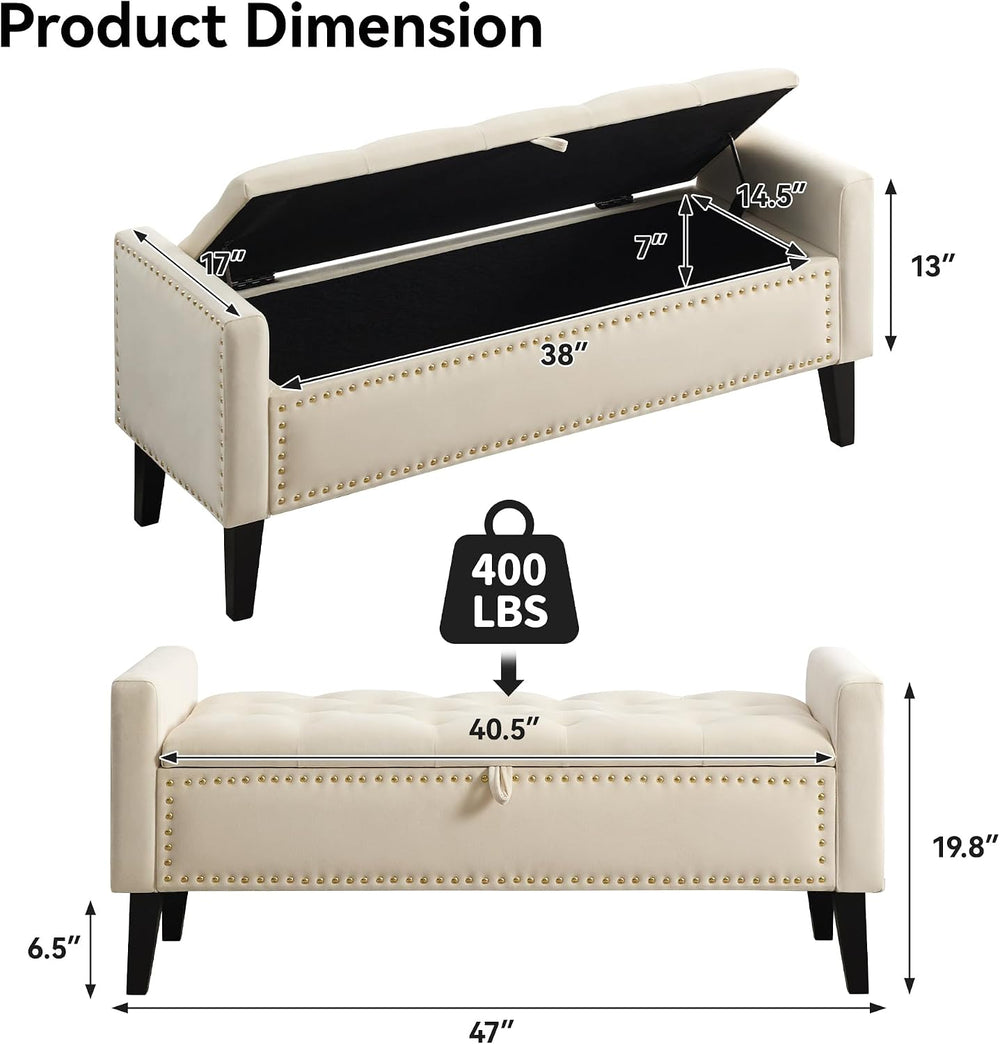 WUTUTUEE 47" Velvet Storage Bench, Upholstered Bed Bench with Storage, E...