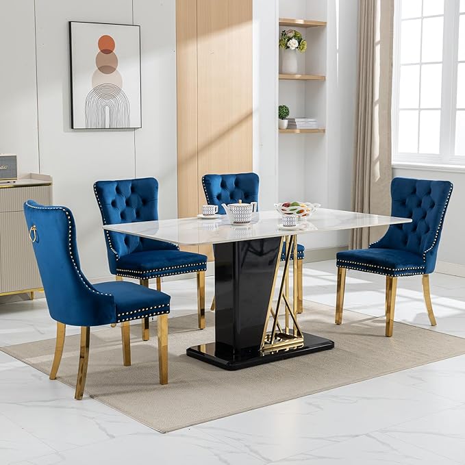 Mid Century Modern Dining Chairs Set of 4, Blue Velvet Upholstered Tufted Bac...