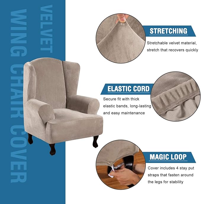 H.VERSAILTEX Wingback Chair Covers Velvet Plush Wing Chair Slipcover 1 Piece - Image 2