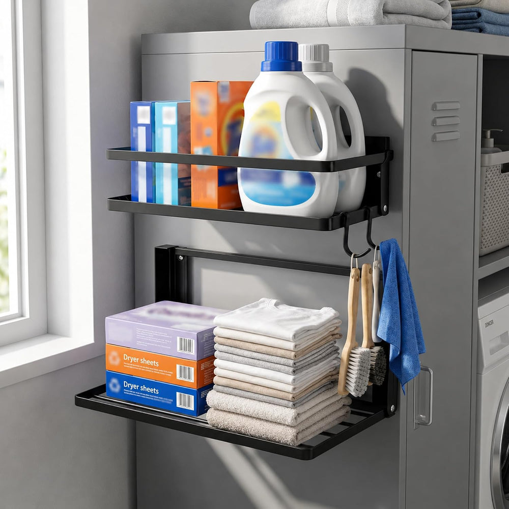 Magnetic Shelf for Washer Dryer, Foldable 2 Tier Metal Organizer Rack