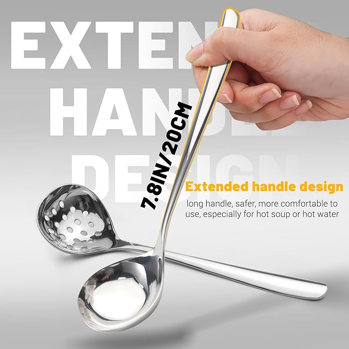 2Pcs Small Ladle and Slotted Spoon, Heavy Duty 304 Stainless Steel Gravy Ladle - Image 4