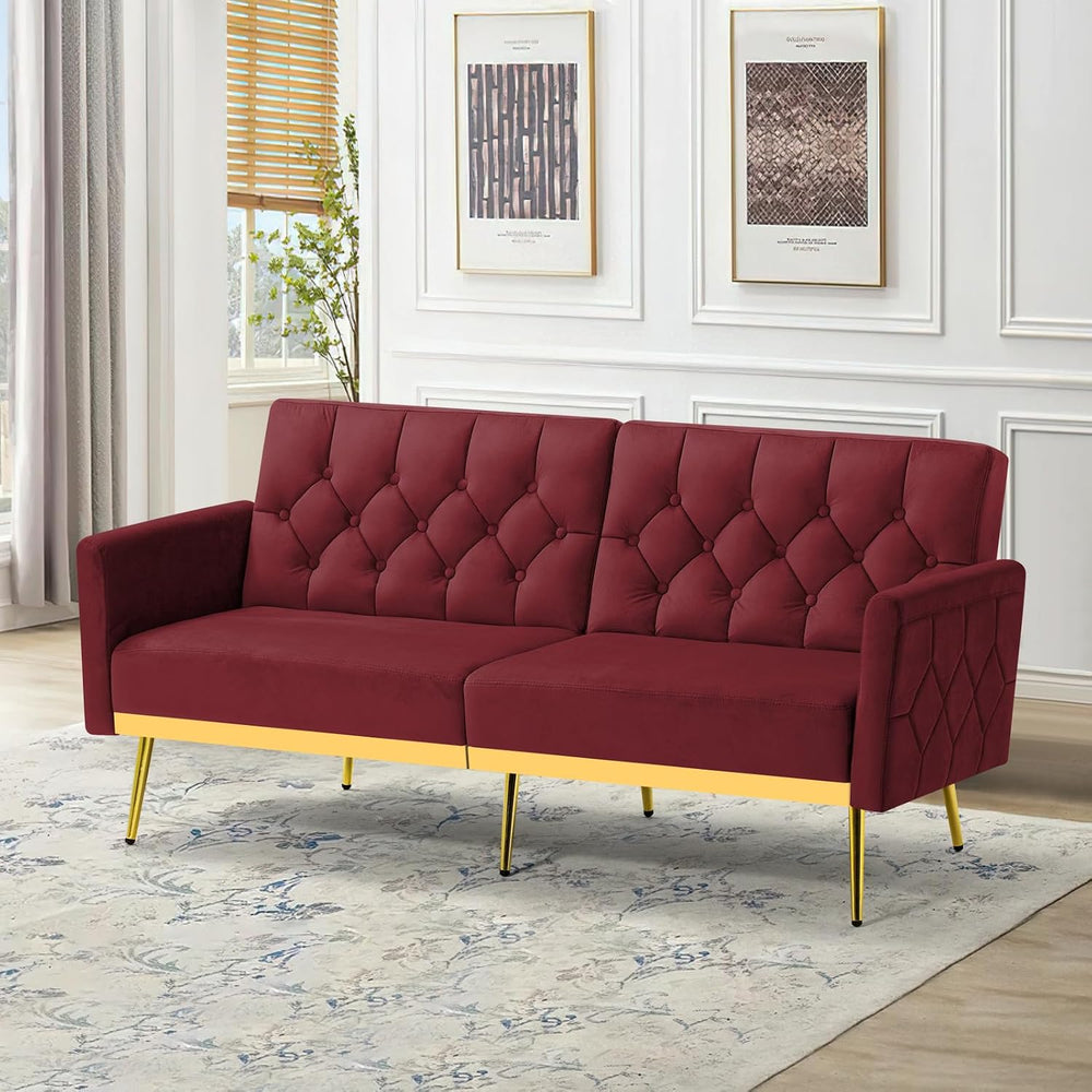 Velvet Sofa Bed w/Adjustable Armrests & Backrests, Red