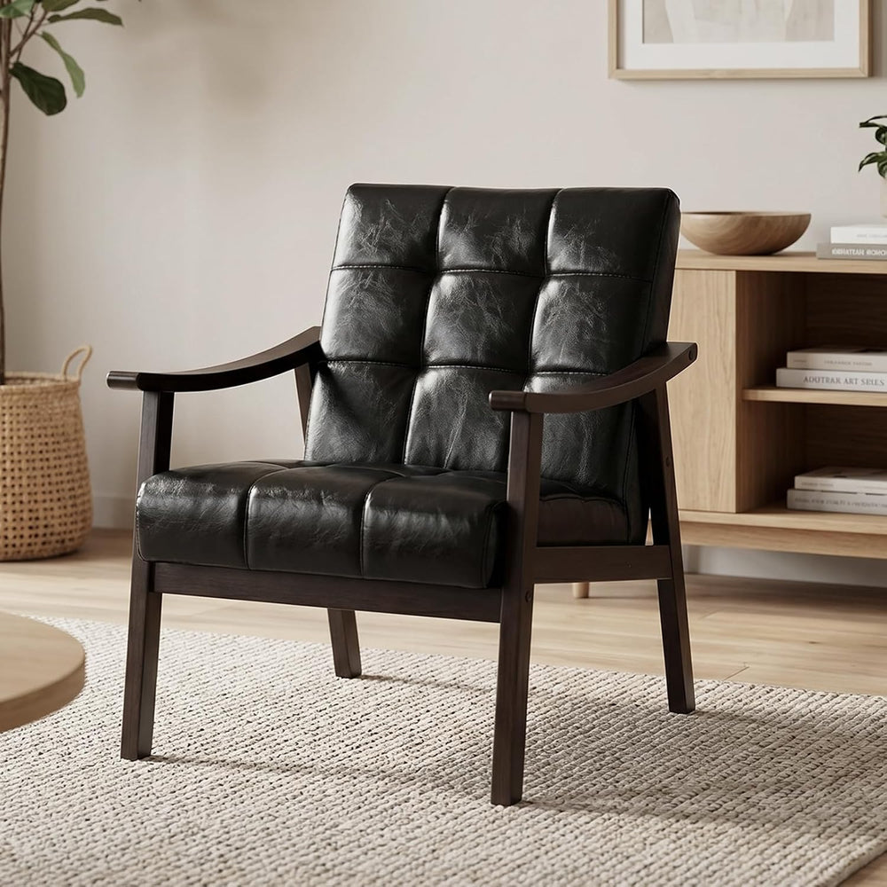 Mid Century Modern Faux Leather Accent Chair, Lounge Chair Indoor Comfy Uphol...