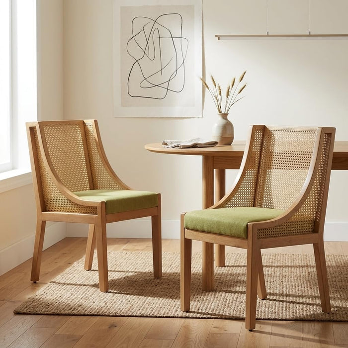 French Country Dining Chairs Set of 2, Cane Back Dining Arm Chairs with Upholstered Linen Seat, Olive Farmhouse Kitchen & Dining Room Chairs, Wood Rattan Accent Chairs, Sillas de Comedor
