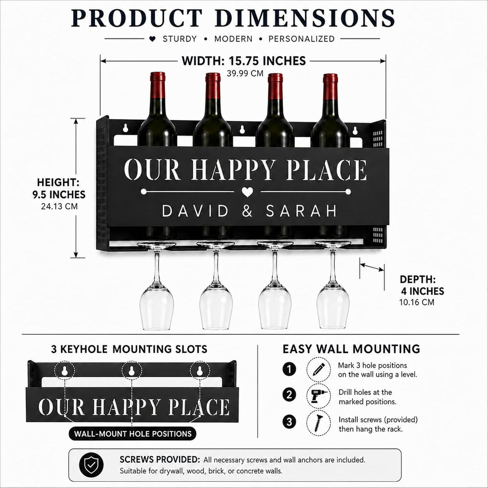 Personalized Wine Rack Wall Mounted with Glass Holder, Custom Name Wine Bottl...
