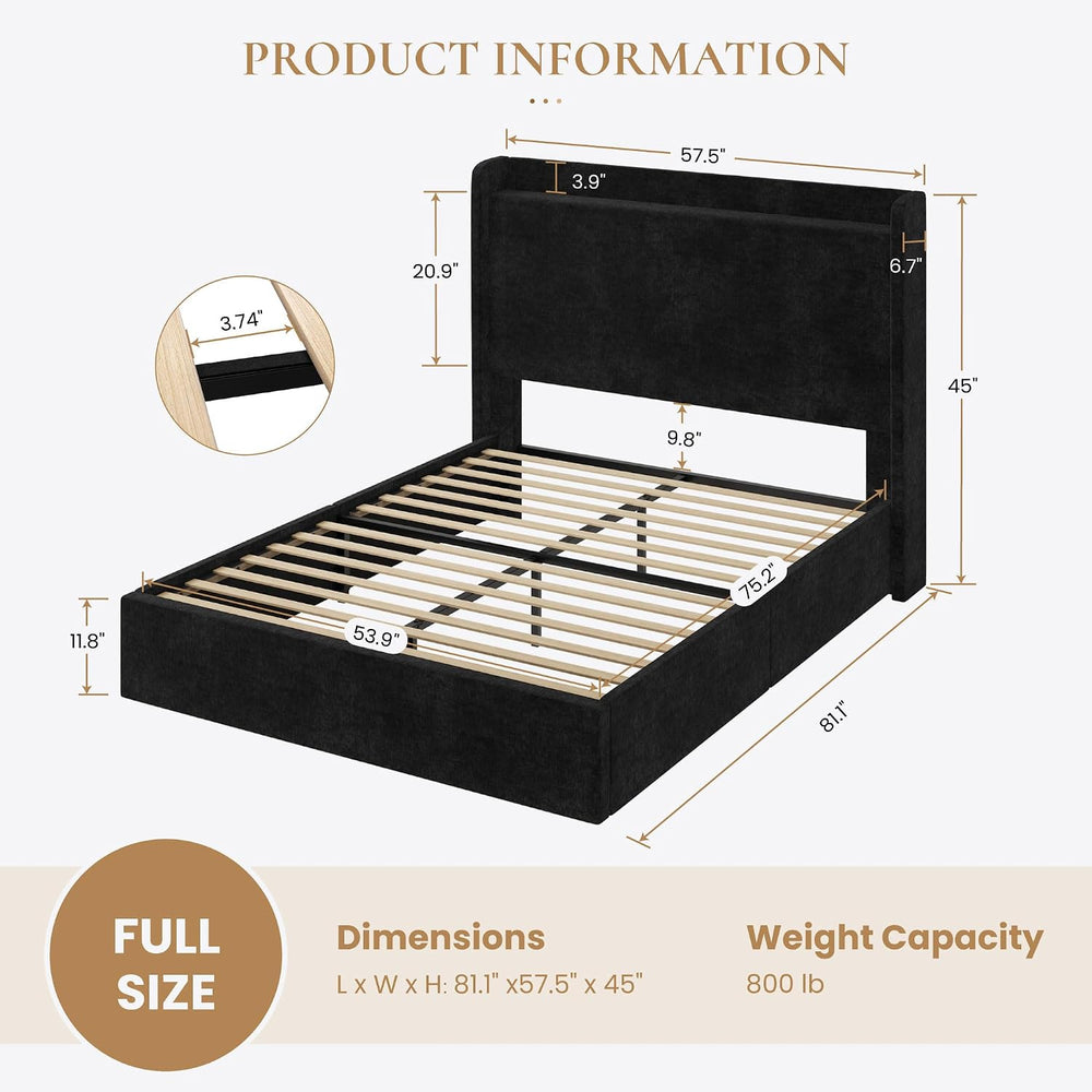 SHA CERLIN Full Size Bed Frame, Chenille Storage Headboard and USB, Black