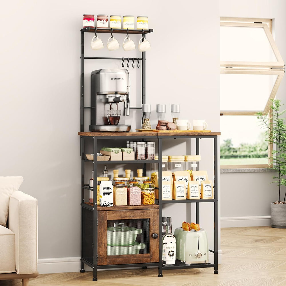 SWTYMIKI Bakers Rack with Storage - Coffee Bar Cabinet Organizer with 8 Hooks...
