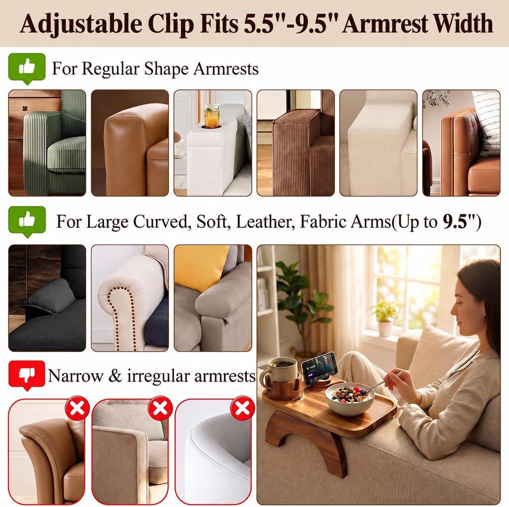 Couch Armrest Table, Acacia Wood Sofa Arm Tray with 360° Rotating Phone &...