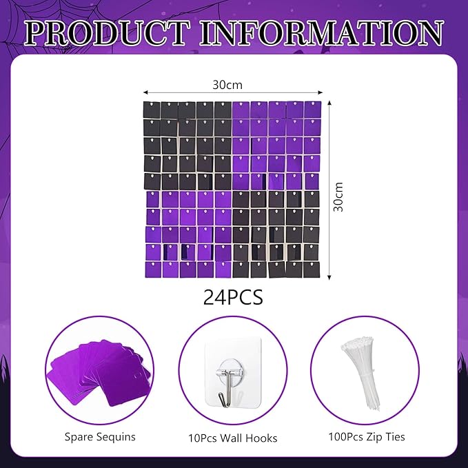 24PCS Black Purple Shimmer Wall Backdrop, Square Sequin Photo Backdrops Panel...