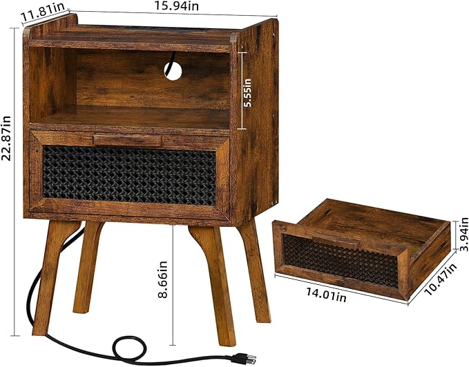 Lerliuo Rattan Nightstands Set of 2 with Charging Station, Boho Side Table wi...