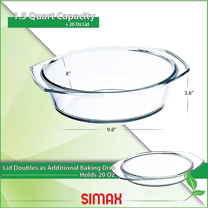 Simax Casserole Dish with Lid, 1.5 Quart Round Glass Casserole Dishes - Image 2