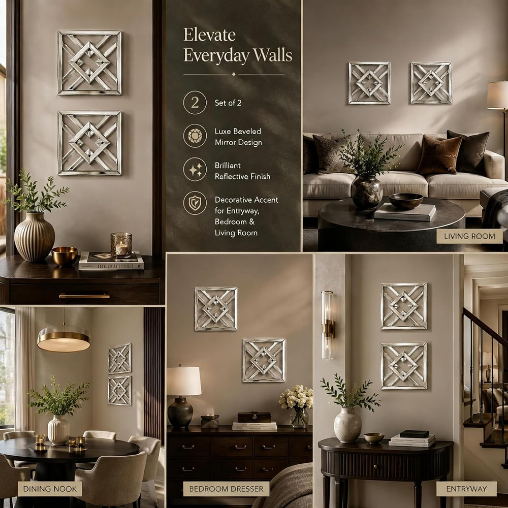 Square Decorative Wall Mirror 12 x 12 Inch, Silver Frameless Mirror Wall Deco...