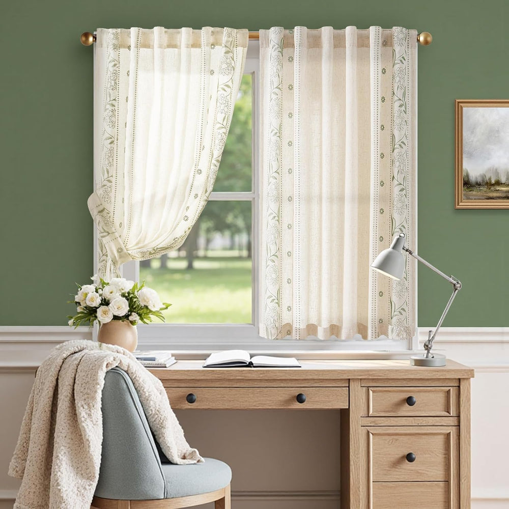 JINCHAN Green Floral Linen Kitchen Tier Curtains 45 Inch Back Tab 2 Panels