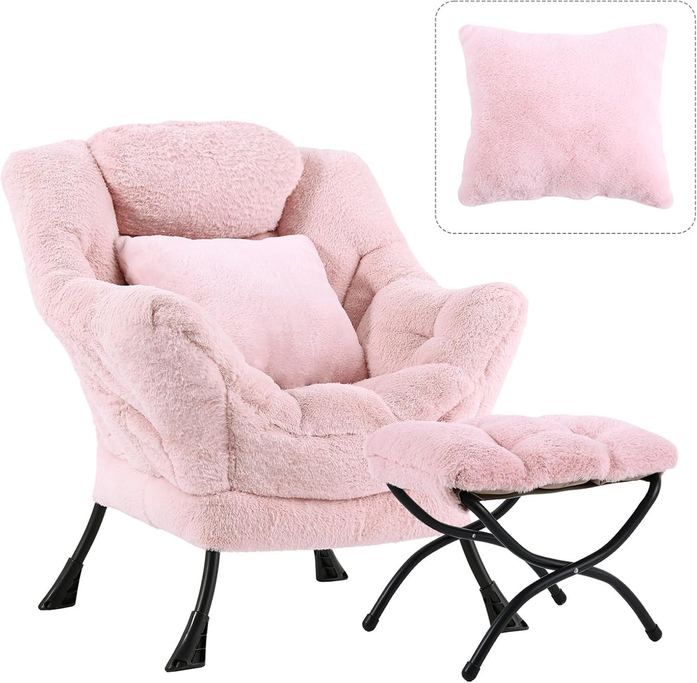 Lazy Chair with Ottoman, Plush Reading Chair with Pillow，Pink