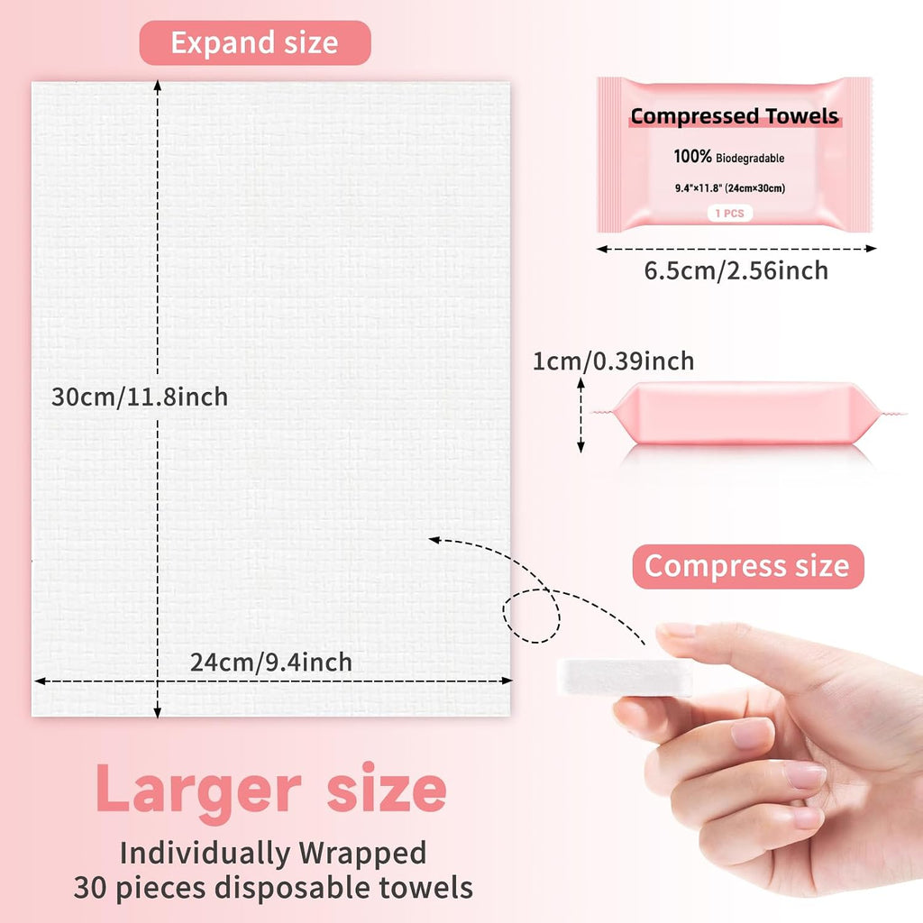 Disposable Compressed Face Towels, Ultra Soft Large Size Compressed Towel Tablets Portable Washcloth Reusable for Travel Camping Hiking Outdoor Sports Beauty Salon (30Pcs)
