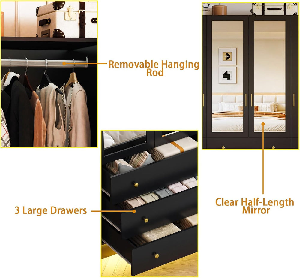 75” Tall Wardrobe Closet with 4 Doors & 3 Drawers, Modern Armoire with Mi...