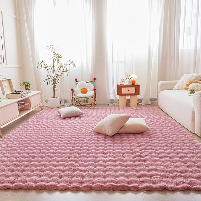 Pink Rabbit Plush Rug 6'x9', Fluffy Faux Fur Shaggy Area Rug by CHOVY