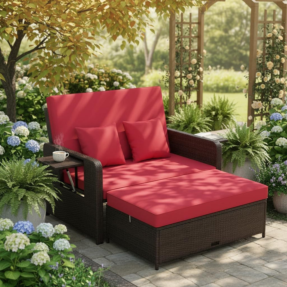 Tangkula Patio Rattan Daybed with 4-Level Adjustable Backrest, Red Cushion