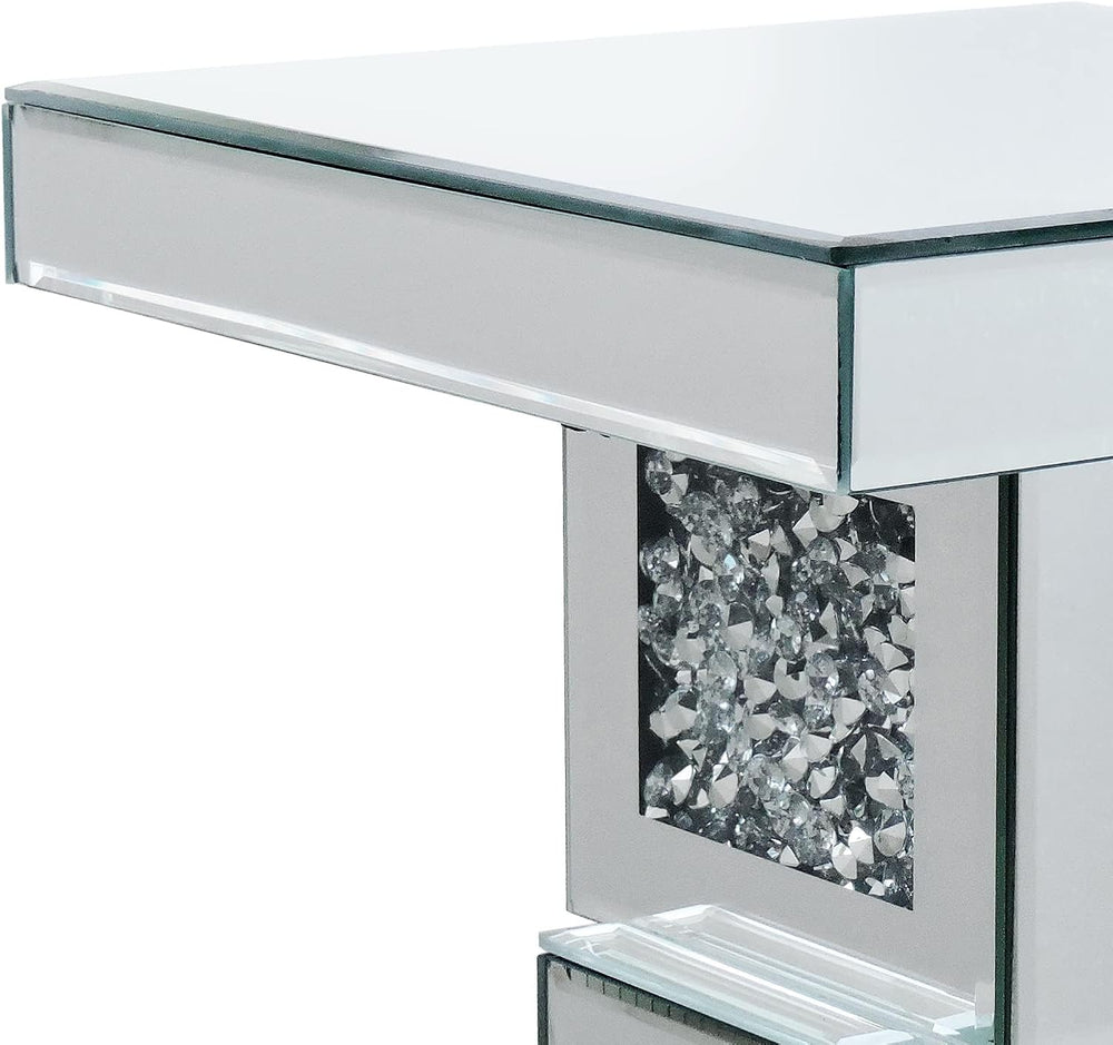 Silver Mirrored End Table With Crystal Inlay, Modern Side Table Accent Table,...