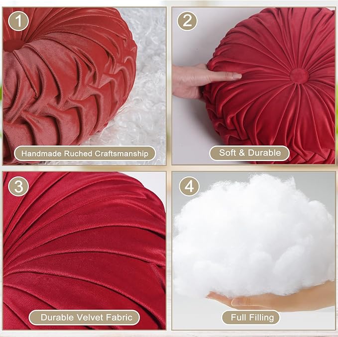HIG Set of 2 Red Ruched Velvet Round Throw Pillows – 14.5’’ Decorative Pillows