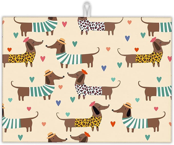 Dachshunds Dogs Dish Drying Mats 18x24 Inch, Leopard Print Hearts Dish Pad by UIUPRO
