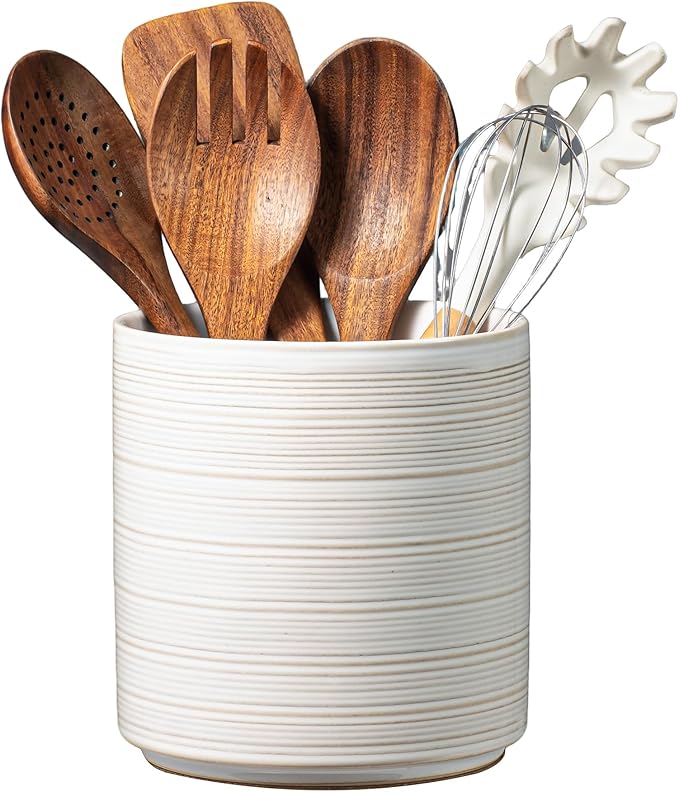 Large Utensil Holder for Kitchen Counter, 7.3” Ceramic Cooking Utensil Crocks by MIKIGEY