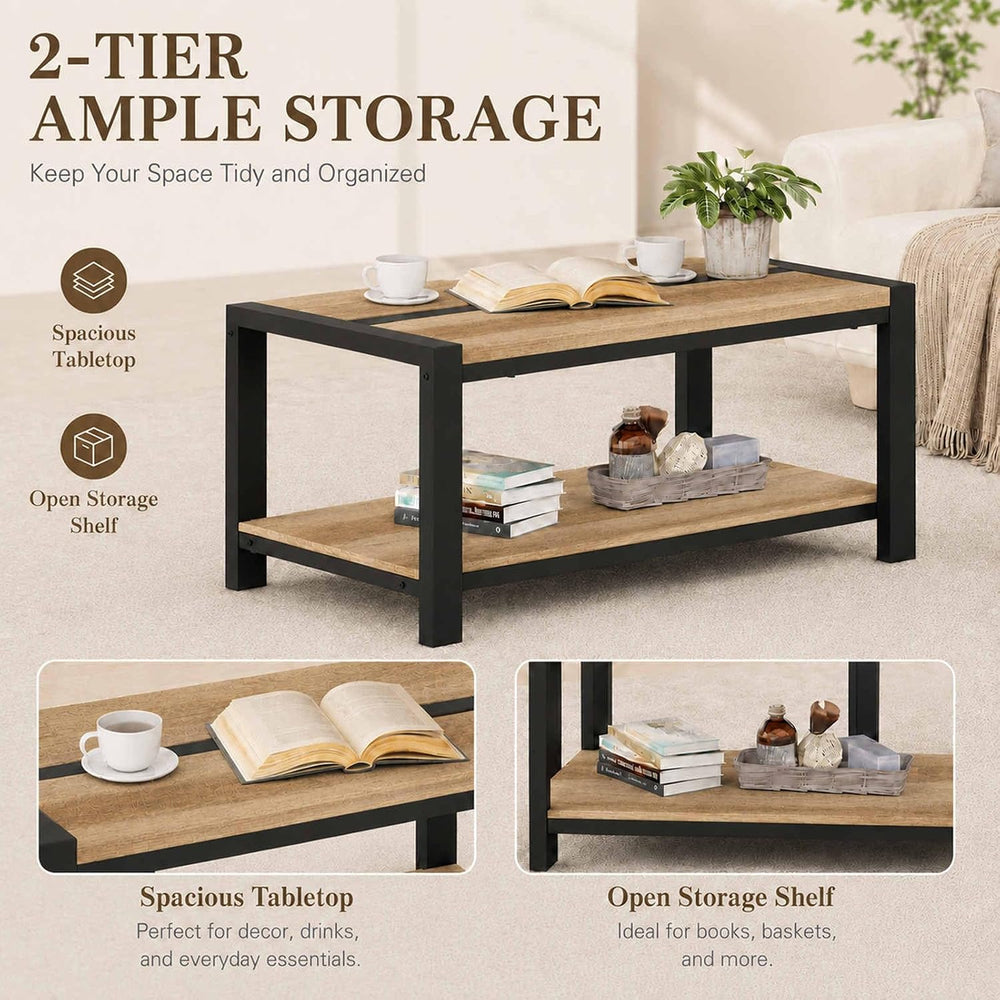 BON AUGURE Coffee Table with 2-Tier Open Shelf, Industrial 43In Vintage Oak