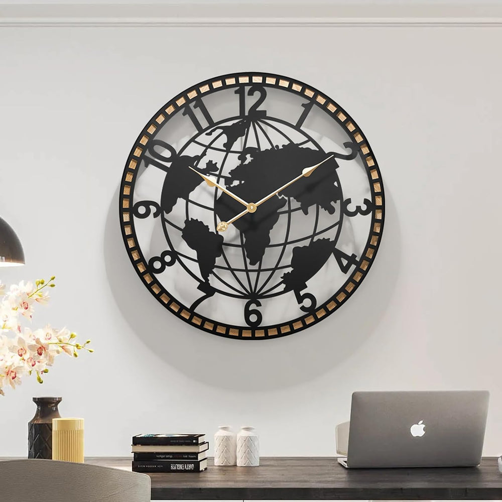 Large World Map Wall Clock 24 Inch,Non-Ticking Metal Decorative Wall Clock, S...