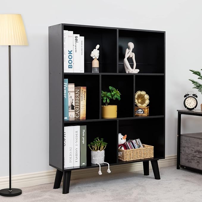 YAHARBO Black Bookshelf,3 Tier Modern Bookcase with Legs,Bookshelves Wood Sto...