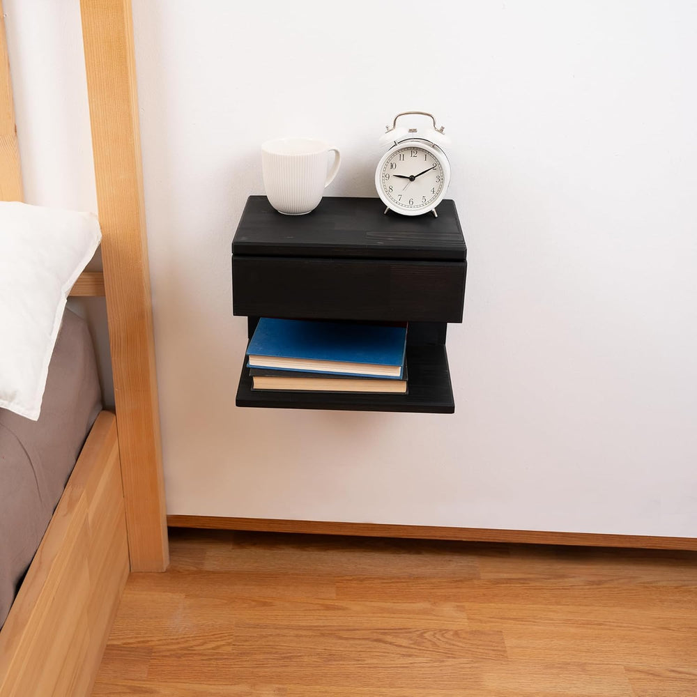 Floating Nightstand Side Accent or End Table with Storage Drawer, Wood Bedsid...