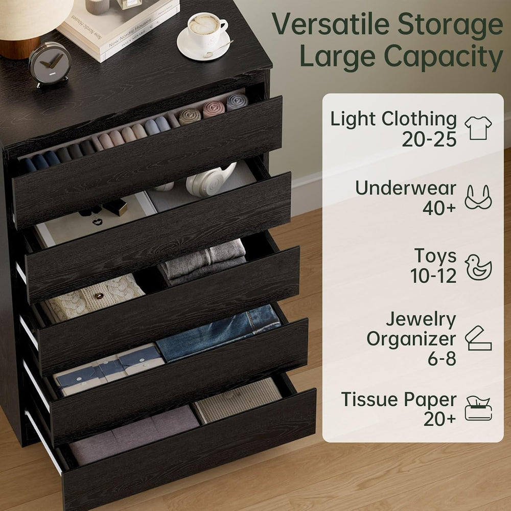 Black Wood Dresser for Bedroom, 5 Drawer for Clothes Storage