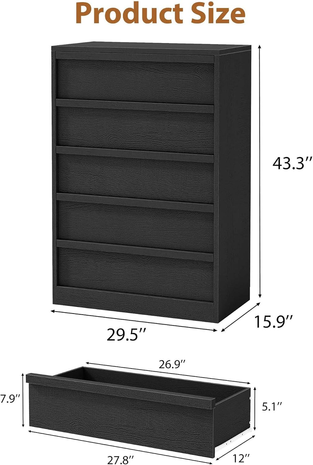 Garvee 5 Dresser for Bedroom, 43.3" Tall Dresser, Freestanding Horizonta...