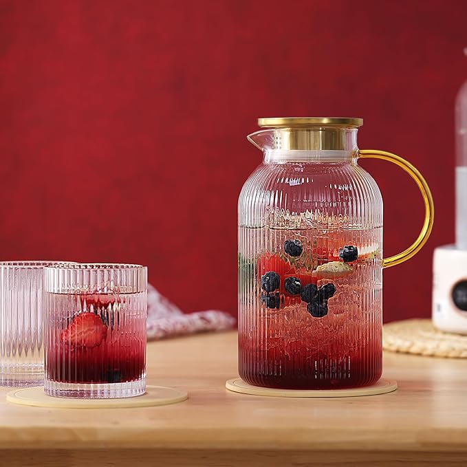2 Pack Glass Pitcher with Handle and Lid, 68oz/ 2 Liter Classic Stripes Glass - Image 8