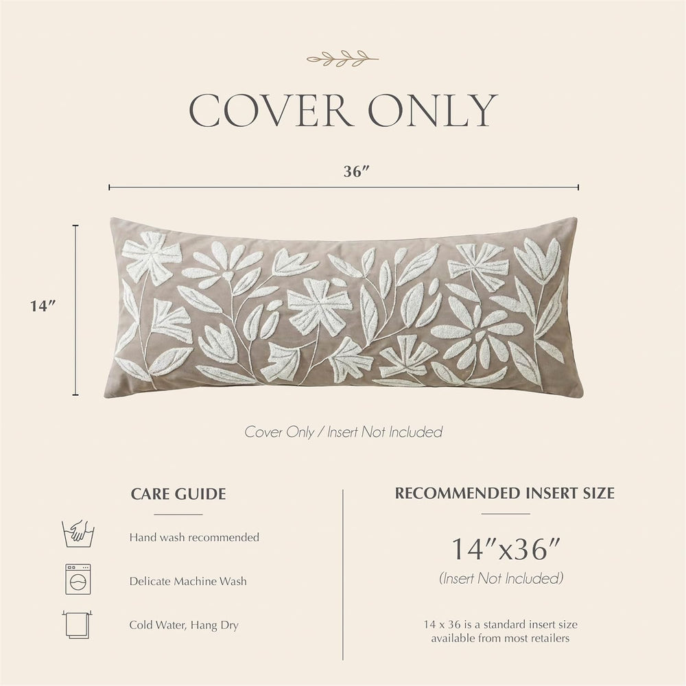 BlissBlush Long Lumbar Pillow Cover 14x36 for Bed, Light Taupe Floral Tufted ...