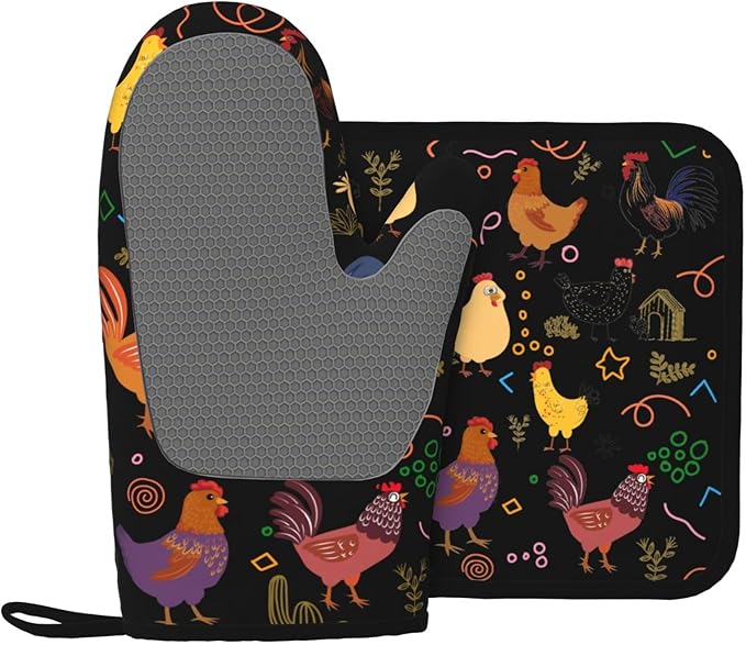 Chicken Silicone Oven Mitts Pan Mats Set of 2, Heat Resistant Gloves Potholder - Image 2