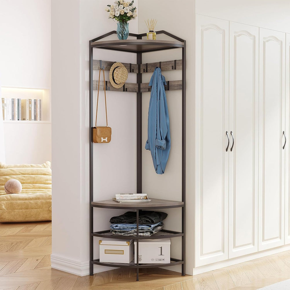 GiftGo Grey Corner Hall Tree with Shoe Bench Entryway Coat Rack with 10 Metal...