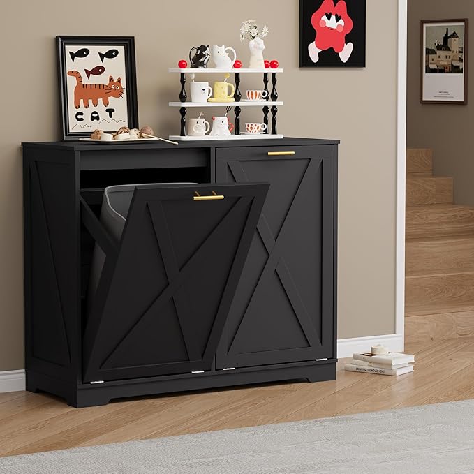 Double Tilt Out Trash Can Cabinet, Wooden Farmhouse Kitchen Garbage Bin