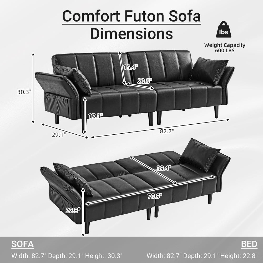 83" Mid Century Modern Futon Sofa Bed, Black Faux Leather Couch