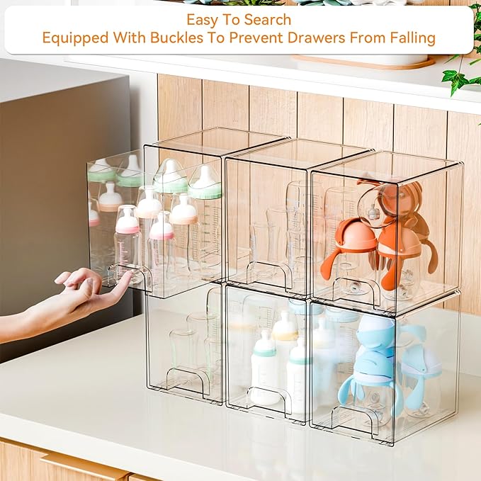 Yieach 2 Pack Clear Stackable Storage Drawers, 7.6" H Baby Bottle Organizer - Image 5