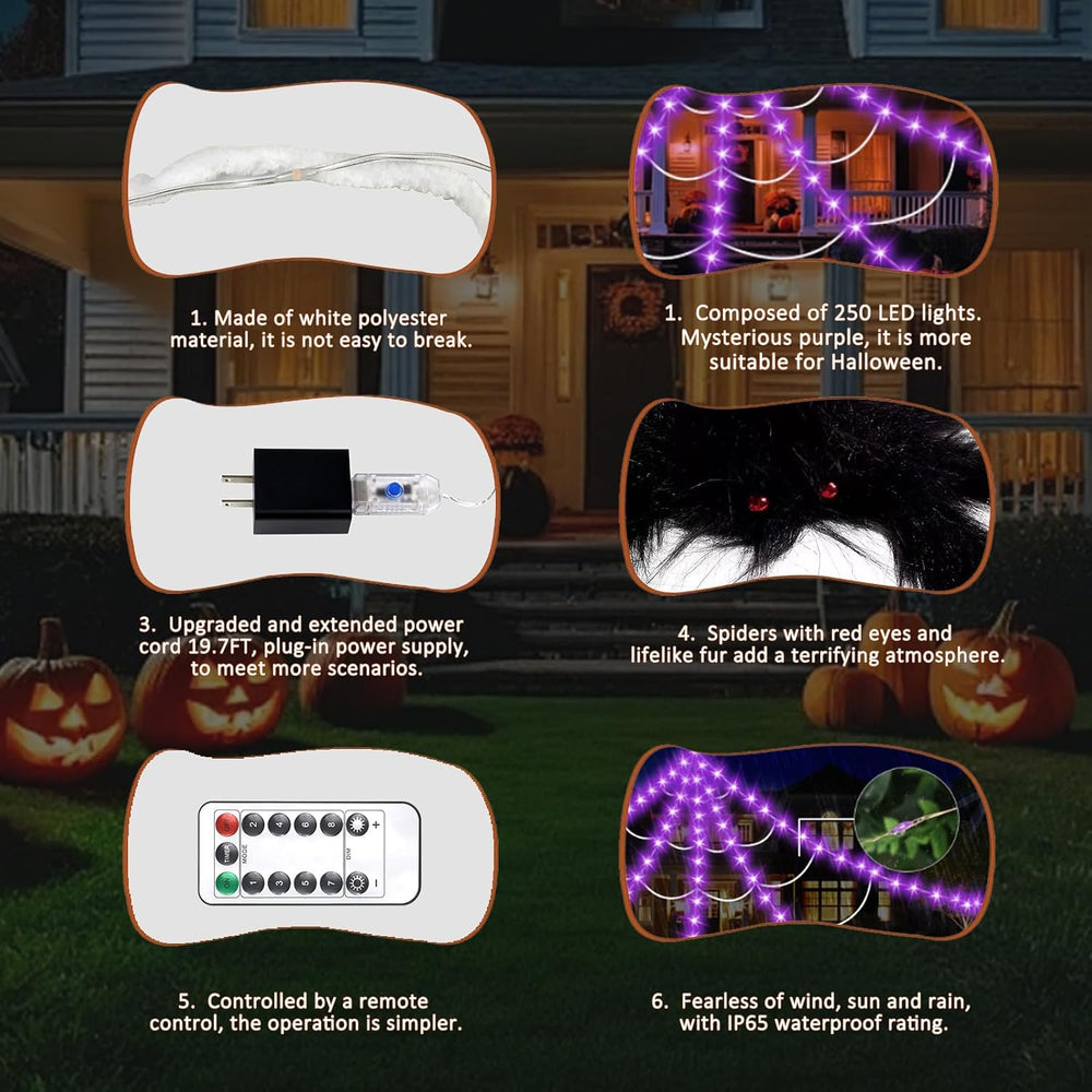 Halloween Decorations Outdoor, Spider Web Lights 250 LED Lighted Spider Web 1...