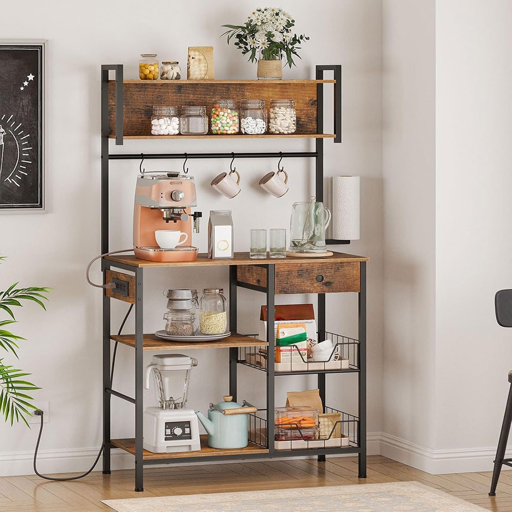 HOOBRO Bakers Rack with 4 AC Power Outlets, 5-Tier Coffee Bar with Wire Baske...